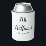 Personalised Mr Est Your Date Groom Gift Custom Can Cooler<br><div class="desc">monogram last name newlywed modern,  cute black and white typography,  just married trendy simple script,  personalised mr est your date,  engagement gift for fiance wedding,  present for groom wedding gift,  bachelor party mr newly engaged,  honeymoon matching can cooler coozie,  newlywed groom bottle coozy slim,  custom personalise him calligraphy can</div>