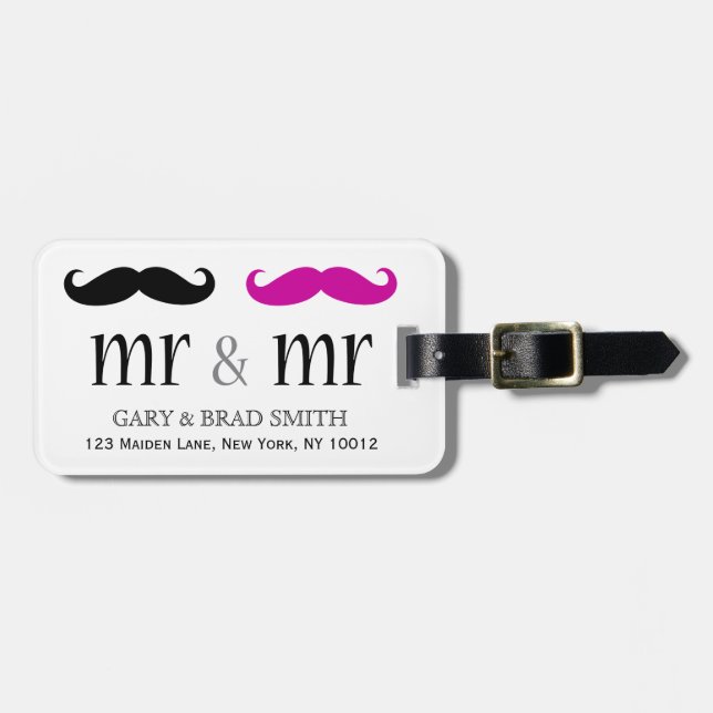 Personalised Mr. & Mr. Moustache Luggage Tag (Front Horizontal)
