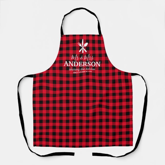 Personalised Mr & Mrs Buffalo Plaid Apron (Front)