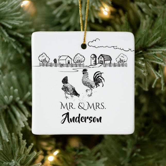 Personalised Mr & Mrs Chickens Farm 1st Christmas Ceramic Ornament (Tree)