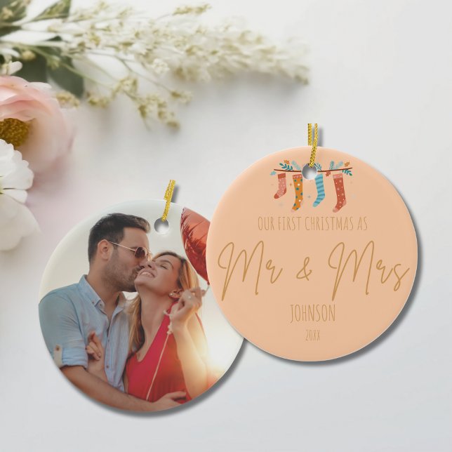 Personalised Mr. & Mrs. First Christmas Photo  Ceramic Tree Decoration (Personalized Mr. & Mrs. First Christmas Photo Ceramic Ornament)