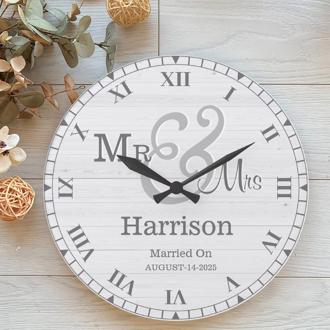 Personalised Mr & Mrs Grey White Retro Wood Couple Large Clock (Creator Uploaded)