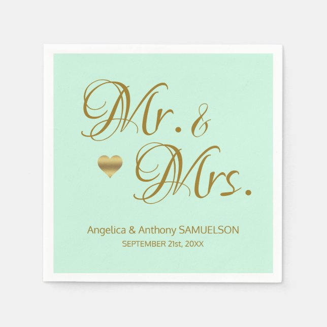 Personalised Mr. & Mrs. Mint Green Gold Wedding Napkin (Front)