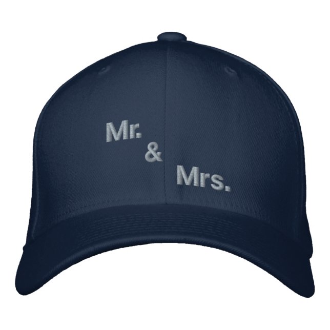 Personalised Mr & Mrs Navy Flexfit Wool Romantic Embroidered Hat (Front)