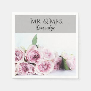 Personalised Mr. & Mrs. Pink Grey Floral Wedding Napkin