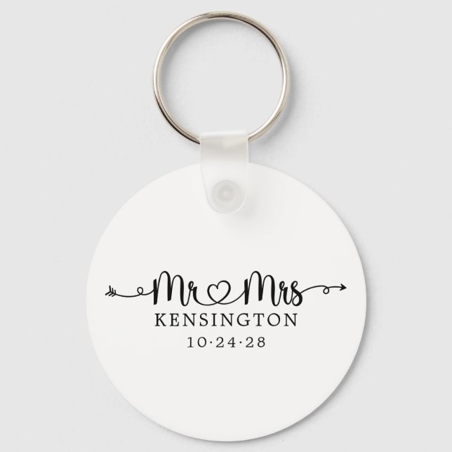 Personalised Mr Mrs Script Typography Wedding Key Ring (Front)