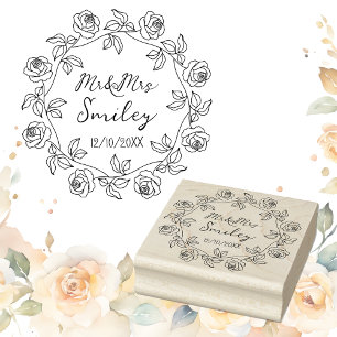 Personalised Mr&Mrs Wedding with Rose Wreath Rubber Stamp