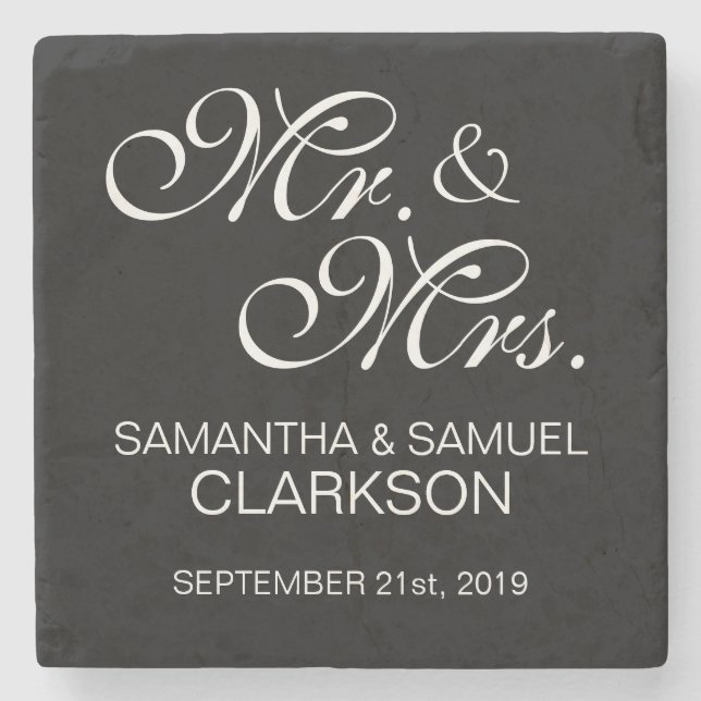 Personalised MR. & MRS. White Black Wedding Favour Stone Coaster (Front)