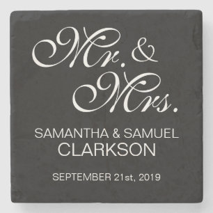 Personalised MR. & MRS. White Black Wedding Stone Coaster