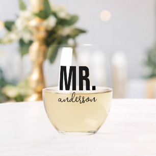 Personalised MR Name Wedding Newlywed  Stemless Wine Glass