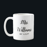 Personalised Mrs Est Your Date Bride Gift Custom Coffee Mug<br><div class="desc">personalised mrs est your date,  engagement gift for bride wedding,  present for bride wedding gift,  monogram last name newlywed modern,  bachelorette party mrs newly engaged,  bridal shower recently married mug,  cute black and white typography,  bride mug fiancee birthday gift,  custom personalise her calligraphy cup,  just married trendy simple script</div>