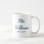 Personalised Mrs Est Your Date Bride Gift Custom Coffee Mug<br><div class="desc">personalised mrs est your date,  engagement gift for bride wedding,  present for bride wedding gift,  monogram last name newlywed modern,  bachelorette party mrs newly engaged,  bridal shower recently married mug,  cute blue and white typography,  bride mug fiancee birthday gift,  custom personalise her calligraphy cup,  just married trendy simple script</div>