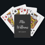 Personalised Mrs Est Your Date Present for Bride Playing Cards<br><div class="desc">personalised mrs est your date,  engagement gift for bride wedding,  present for bride wedding gift,  monogram last name newlywed modern,  black and white calligraphy script,  bridal shower gifts recently engaged,  bride gifts just married cards,  bride fiance birthday gift game,  bachelorette party mrs playing cards,  custom mrs established honeymoon cards</div>