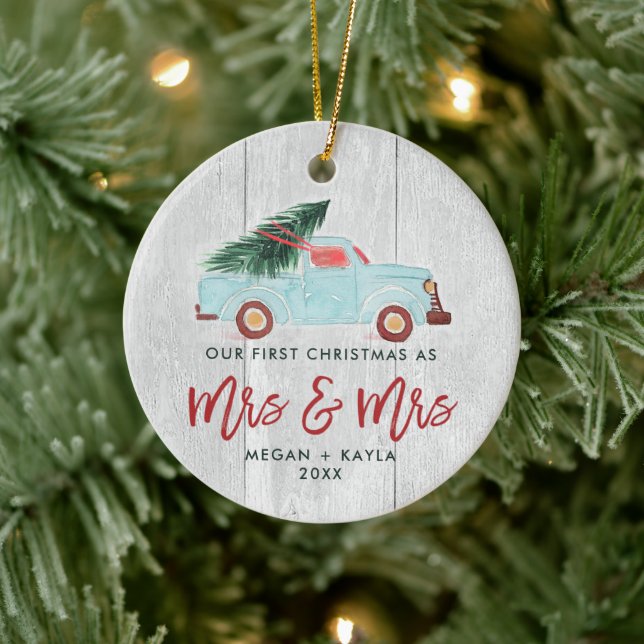 Personalised Mrs & Mrs Lesbian Couple Pickup Truck Ceramic Tree Decoration (Tree)