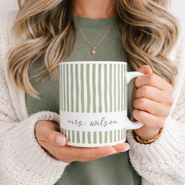 Personalised Mrs Mug Green Striped Coffee Mug (Creator Uploaded)