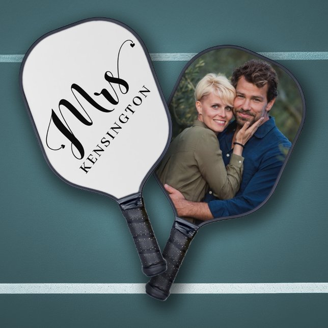 Personalised Mrs Newlywed Typography Photo Pickleball Paddle (Personalized Mrs Pickleball Paddle with Photo on the Back)