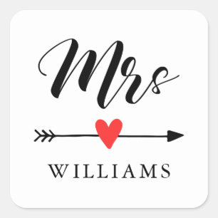 Personalised Mrs. with Heart and Arrow Square Sticker