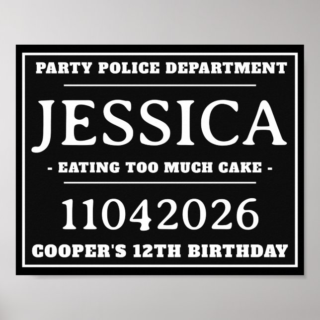 Personalised Mug Shot Signs, Birthday Party Poster (Front)