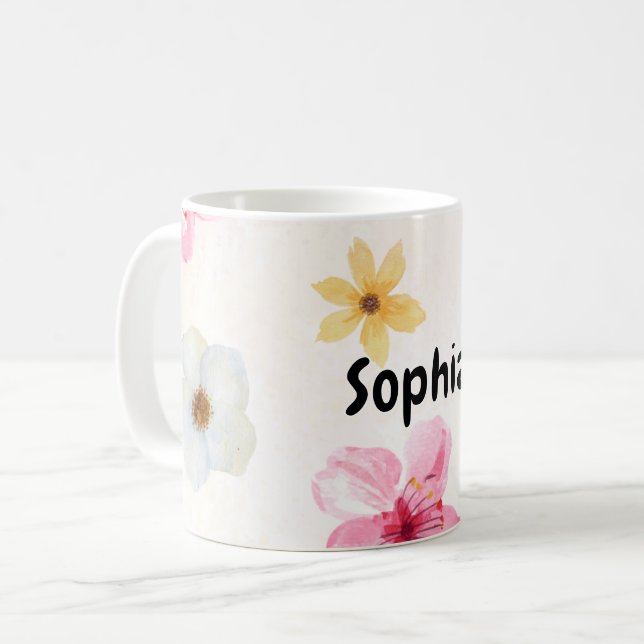 Personalised Mug with Soft Watercolor Floral Name (Front Left)