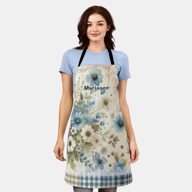 Personalised Multicolor Flowes & Chequerboard Apron (Worn)
