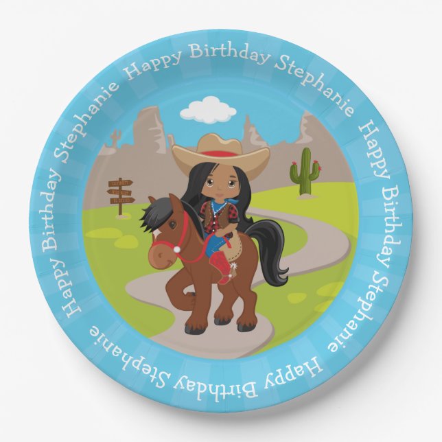 Personalised Multicultural Birthday Cowgirl Paper Plate (Front)