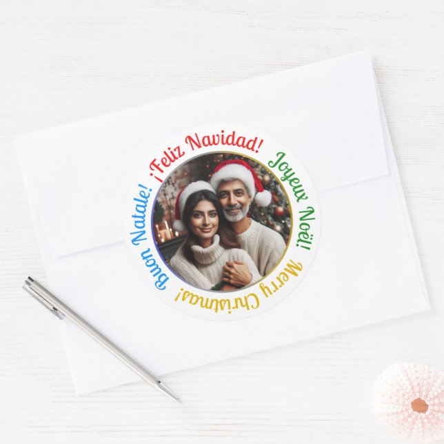 Personalised Multilingual Merry Christmas Photo  Classic Round Sticker (Envelope)