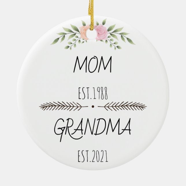 Personalised Mum Grandma Est Custom Year, flowers Ceramic Tree Decoration (Back)
