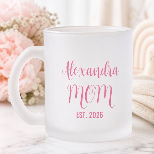 Personalised Mum Name Established Pink Script  Frosted Glass Coffee Mug (Creator Uploaded)