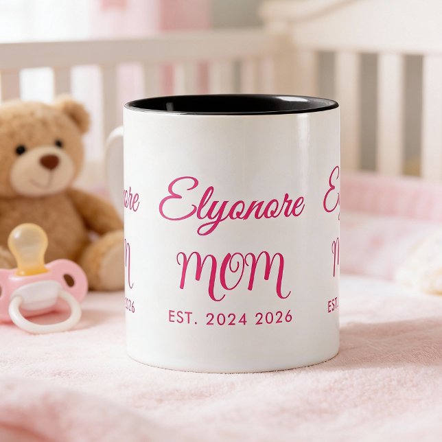 Personalised Mum Name Two Date Pink Script  Two-Tone Coffee Mug (Creator Uploaded)