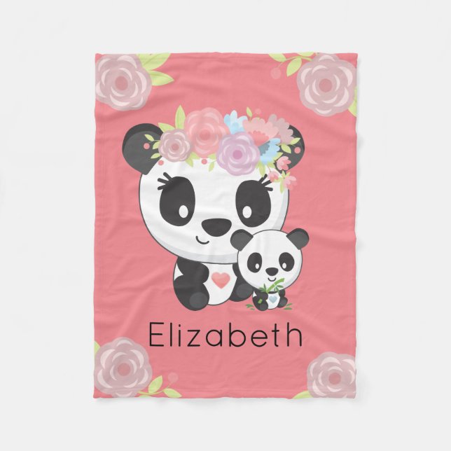 Personalised Mummy & Baby Panda Bear Kids Fleece Blanket (Front)