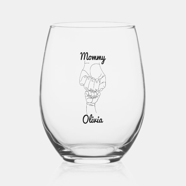 Personalised Mummy Mama Mum Gift with Kid's Name Stemless Wine Glass (Front)