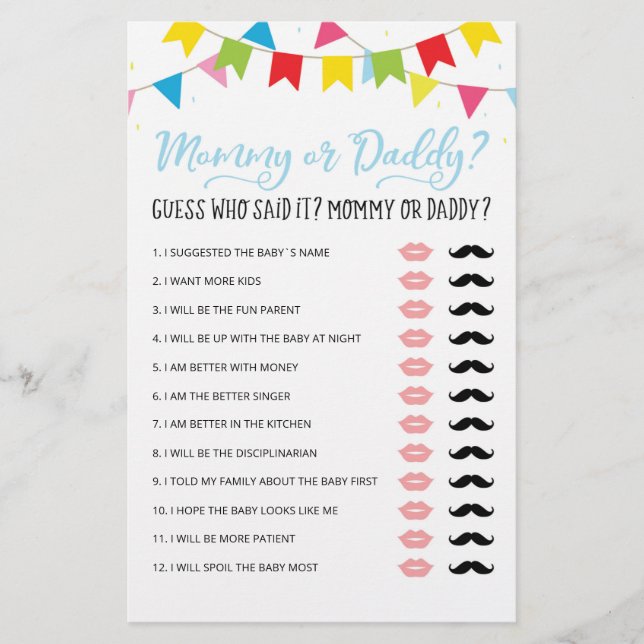 Personalised Mummy or Daddy Baby Shower party game (Front)