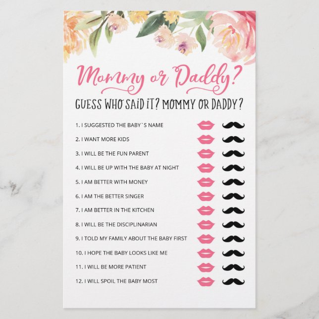 Personalised Mummy or Daddy Baby Shower party game (Front)
