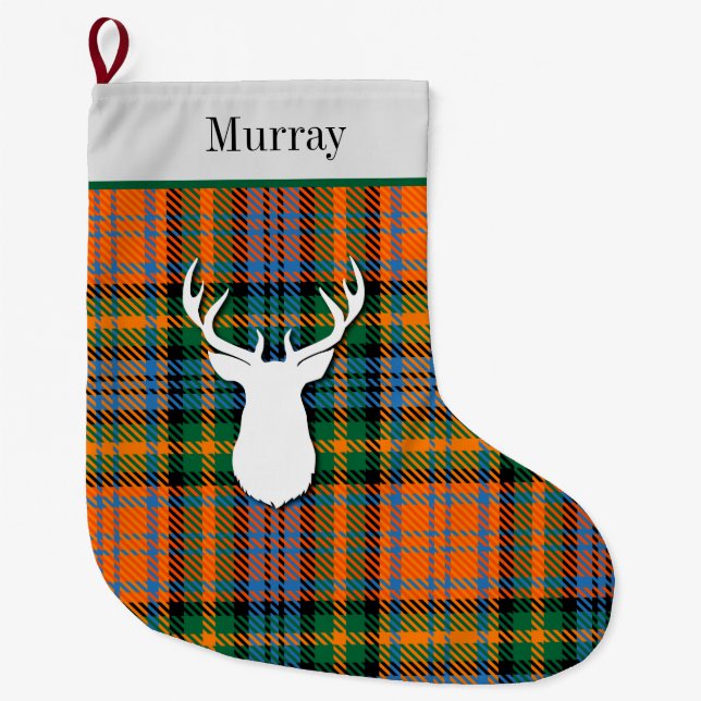 Personalised Muray Tartan Green Orange Plaid Large Christmas Stocking (Front)