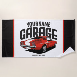 Personalised Muscle Car 1967 Red Fastback Garage  Beach Towel