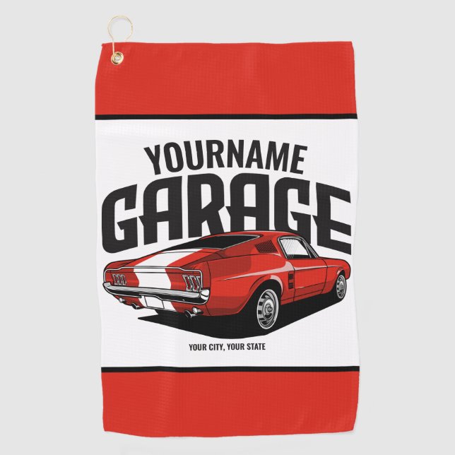 Personalised Muscle Car 1967 Red Fastback Garage  Golf Towel (Front)