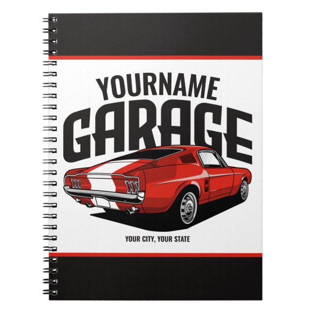 Personalised Muscle Car 1967 Red Fastback Garage Notebook (Front)