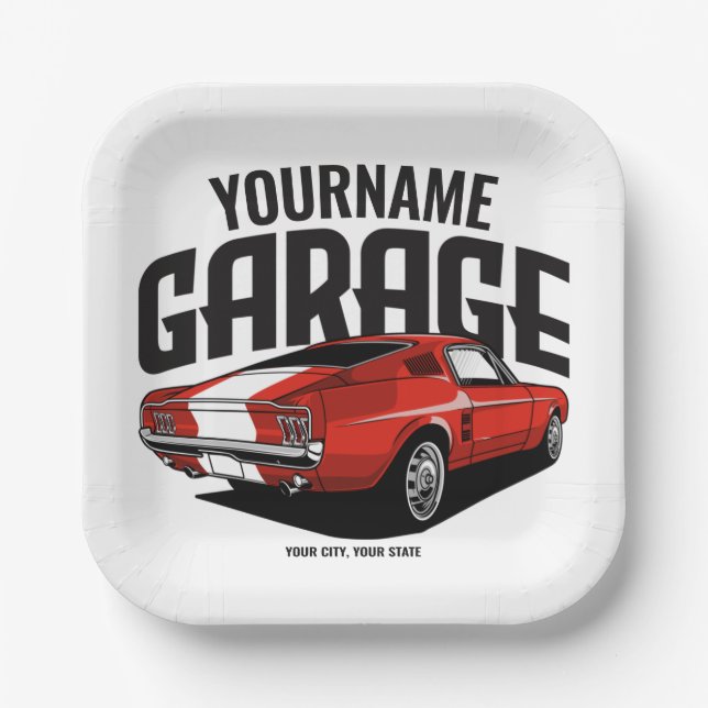 Personalised Muscle Car 1967 Red Fastback Garage Paper Plate (Front)