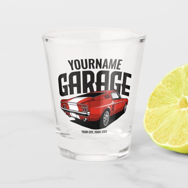 Personalised Muscle Car 1967 Red Fastback Garage Shot Glass (Front)