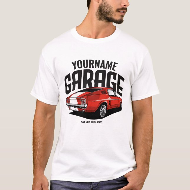 Personalised Muscle Car 1967 Red Fastback Garage T-Shirt (Front)