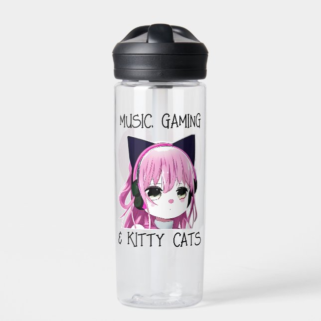 Personalised Music Gaming and Kitty Cat Anime Girl Water Bottle (Front)