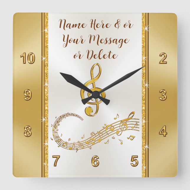 Personalised, Music Notes Clock, Gold and Ivory Square Wall Clock (Front)