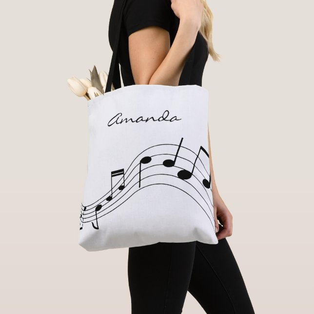 Personalised music notes on a chic white backdrop tote bag (Close Up)