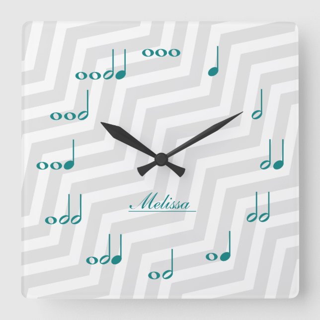 Personalised Music Notes - teal blue and grey Square Wall Clock (Front)
