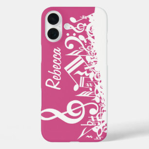 Personalised Musical Notes Hot Pink and White iPhone 16 Plus Case