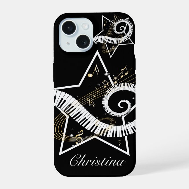 Personalised Musical Star golden notes iPhone 15 Case (Back)
