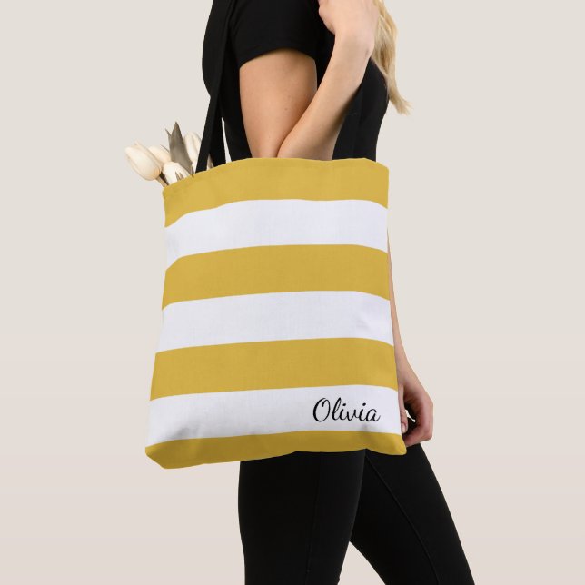 Personalised Mustard and White Striped Tote Bag (Close Up)