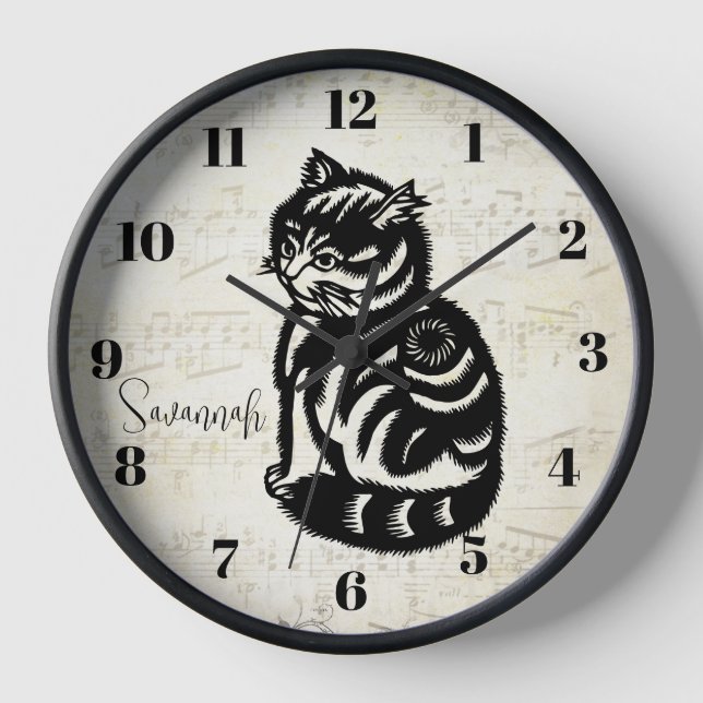 Personalised Mustard Yellow Cat Clock-Any Colour Wall Clock (Front)