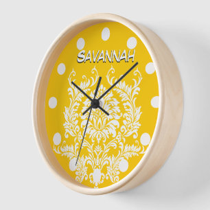 Personalised Mustard Yellow Damask Wall Clock