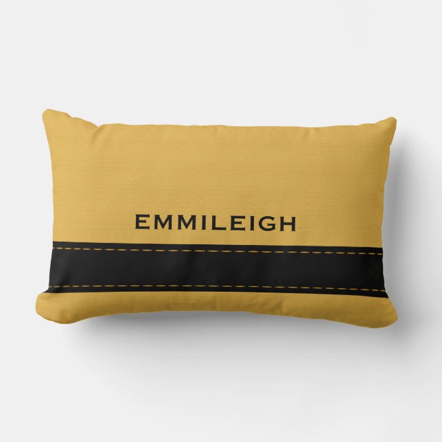 Personalised Mustard Yellow Geometric Black Stripe Lumbar Cushion (Front)